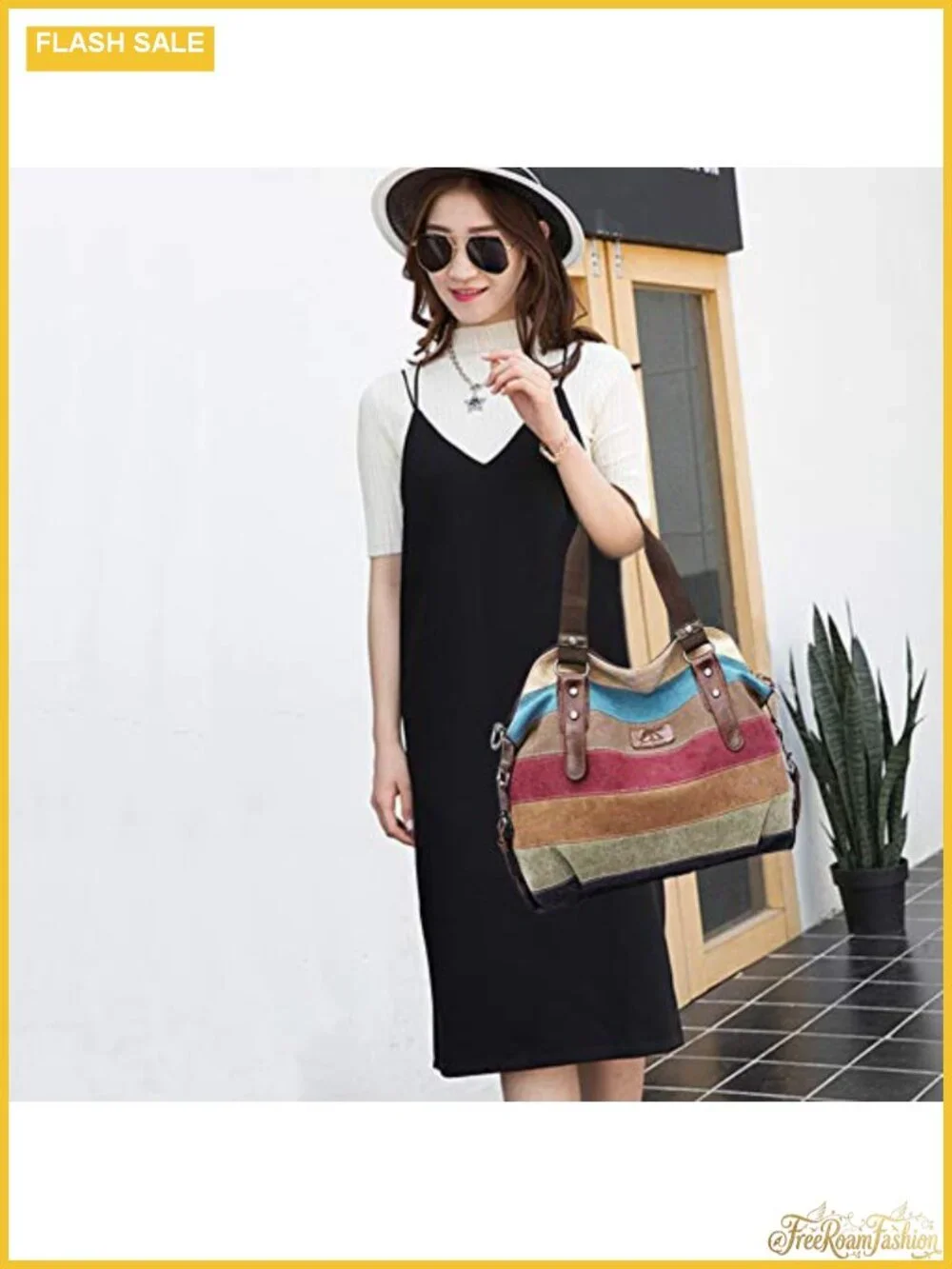 Cotton Canvas Crossbody Shoulder Bag Multi-Color Striped Lattice Handbag Tote